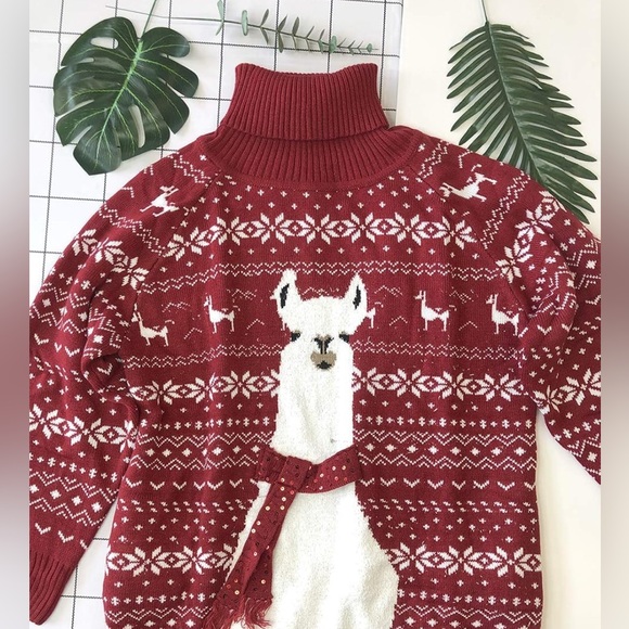 NWT- Medium Red Llama Pattern Women's Sweater Dress - Picture 7 of 8